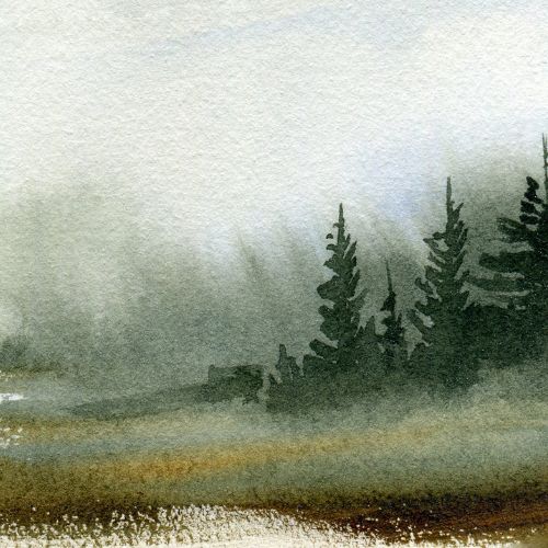 Soft watercolor landscape evoking calm and reflection